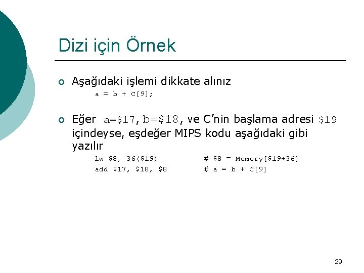 Dizi için Örnek ¡ Aşağıdaki işlemi dikkate alınız a = b + C[9]; ¡