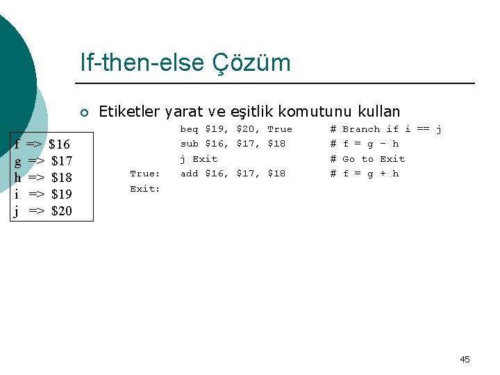 If-then-else Çözüm ¡ f => $16 g => $17 h => $18 i =>