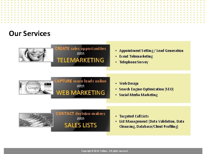 Our Services CREATE sales opportunities With TELEMARKETING CAPTURE more leads online With WEB MARKETING