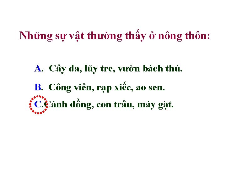 Những sự vật thường thấy ở nông thôn: A. Cây đa, lũy tre, vườn