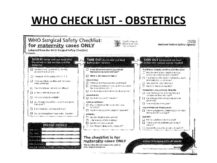 WHO CHECK LIST - OBSTETRICS 