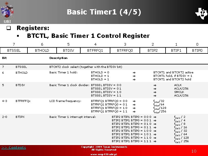 Basic Timer 1 (4/5) UBI q Registers: § BTCTL, Basic Timer 1 Control Register