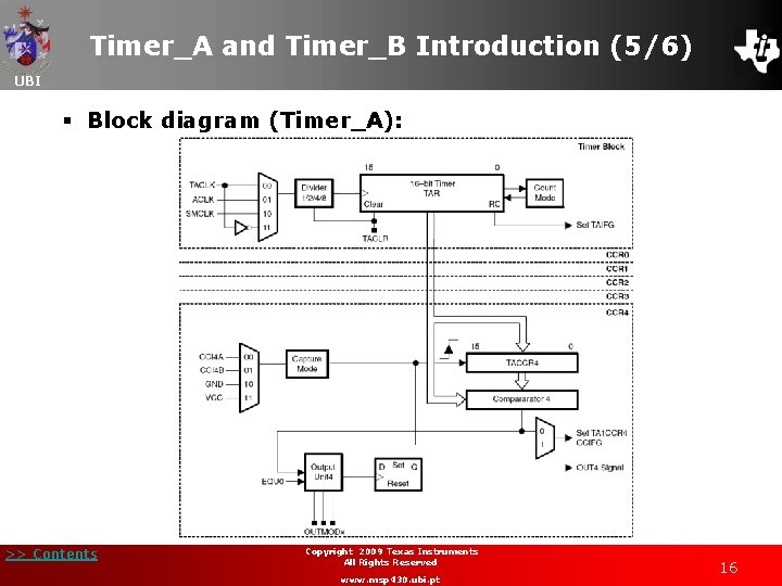 Timer_A and Timer_B Introduction (5/6) UBI § Block diagram (Timer_A): >> Contents Copyright 2009