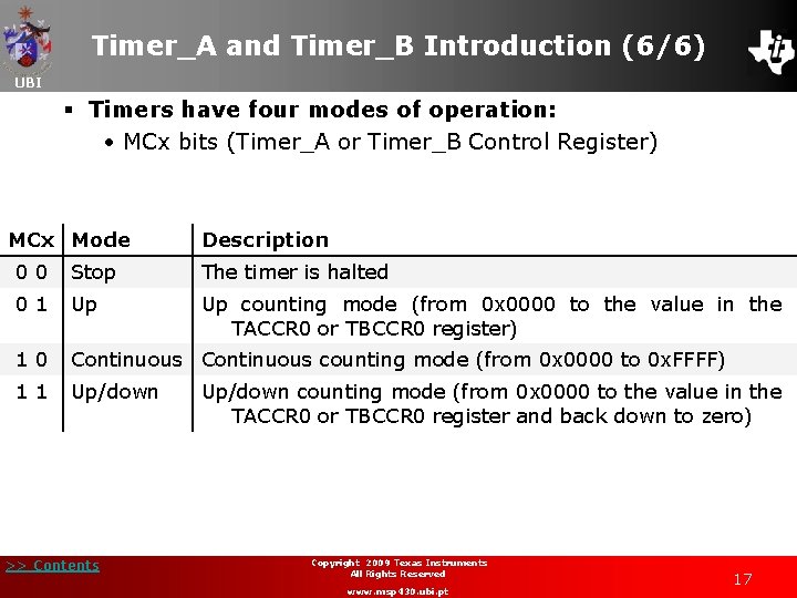 Timer_A and Timer_B Introduction (6/6) UBI § Timers have four modes of operation: •