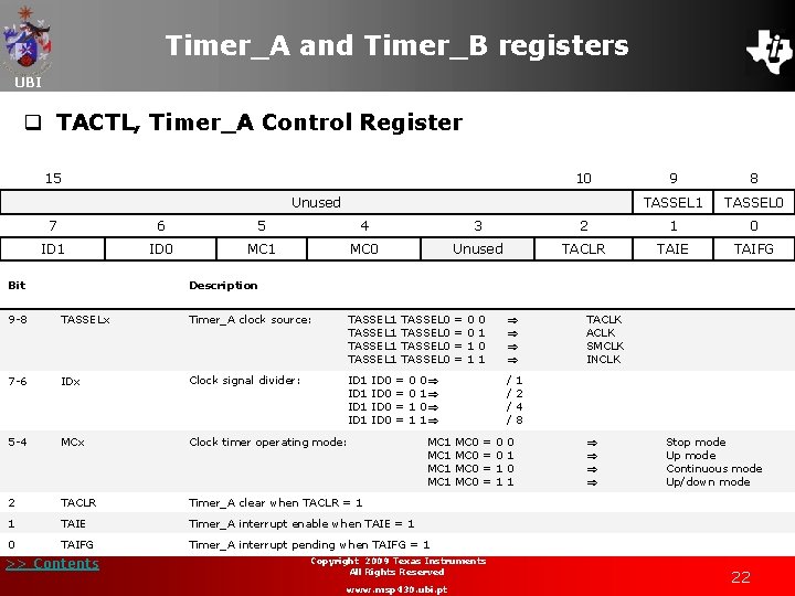 Timer_A and Timer_B registers UBI q TACTL, Timer_A Control Register 15 10 Unused 9