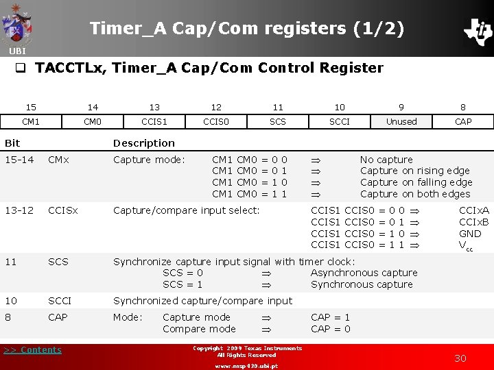 Timer_A Cap/Com registers (1/2) UBI q TACCTLx, Timer_A Cap/Com Control Register 15 14 13