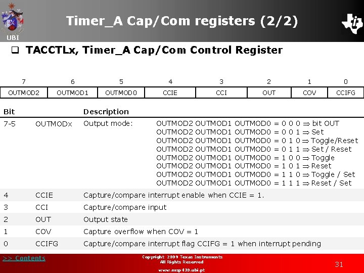 Timer_A Cap/Com registers (2/2) UBI q TACCTLx, Timer_A Cap/Com Control Register 7 6 5