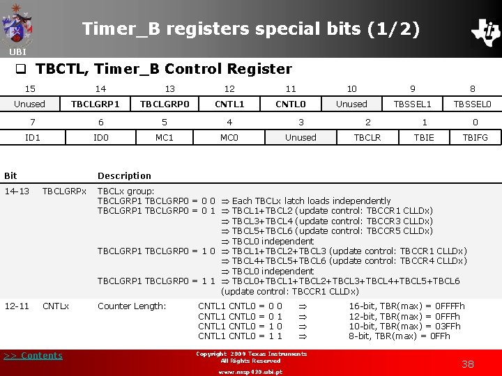 Timer_B registers special bits (1/2) UBI q TBCTL, Timer_B Control Register 15 14 Unused