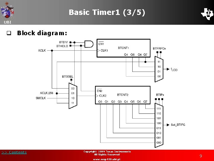 Basic Timer 1 (3/5) UBI q Block diagram: >> Contents Copyright 2009 Texas Instruments