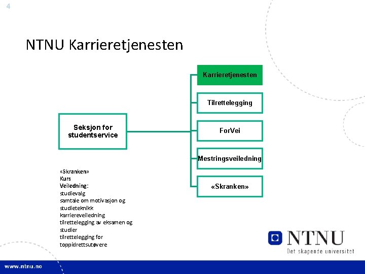 4 NTNU Karrieretjenesten Tilrettelegging Seksjon for studentservice For. Vei Mestringsveiledning «Skranken» Kurs Veiledning: studievalg