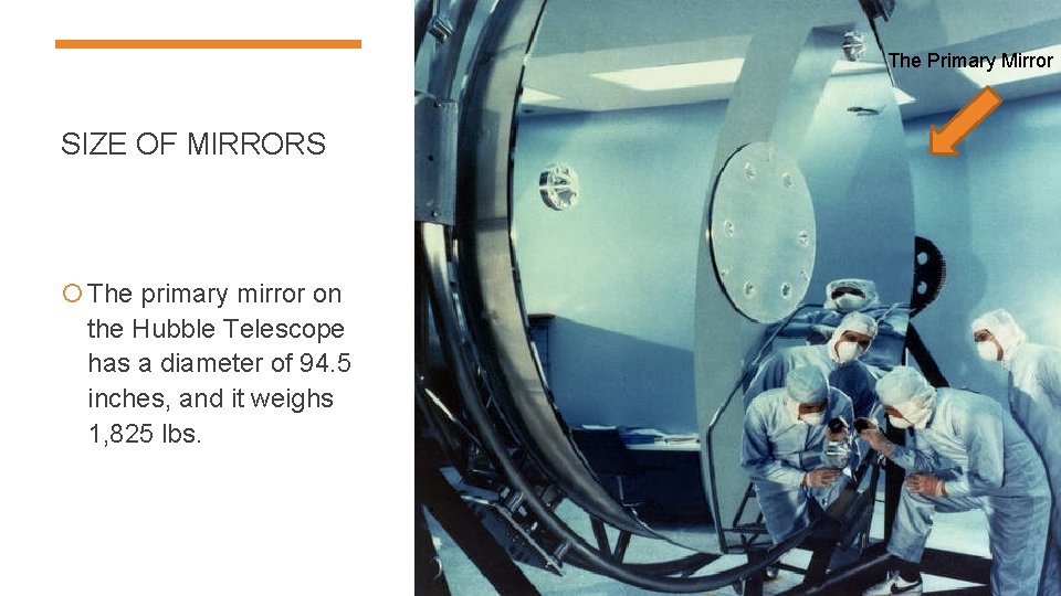 The Primary Mirror SIZE OF MIRRORS The primary mirror on the Hubble Telescope has