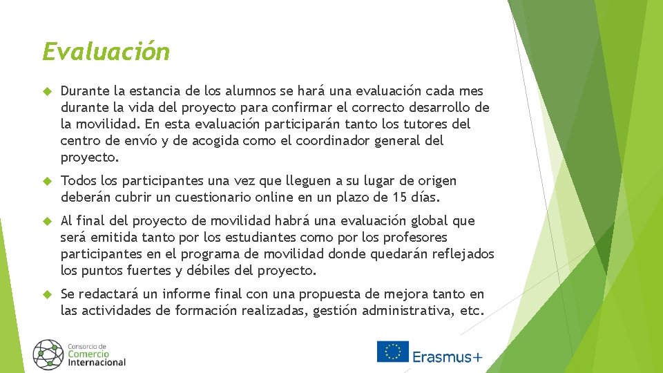 Evaluación Durante la estancia de los alumnos se hará una evaluación cada mes durante