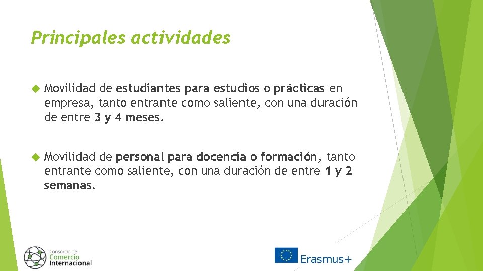 Principales actividades Movilidad de estudiantes para estudios o prácticas en empresa, tanto entrante como