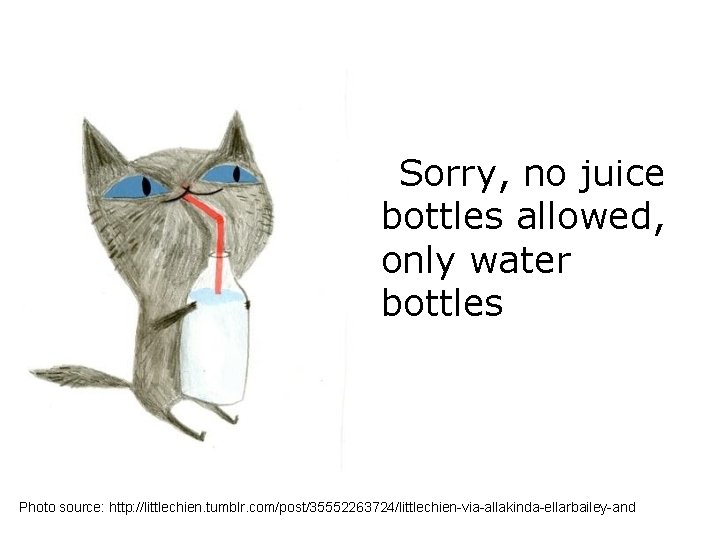 Sorry, no juice bottles allowed, only water bottles Photo source: http: //littlechien. tumblr. com/post/35552263724/littlechien-via-allakinda-ellarbailey-and