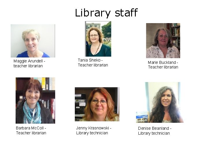 Library staff Maggie Arundell teacher librarian Barbara Mc. Coll Teacher librarian Tania Sheko Teacher Library staff Maggie Arundell teacher librarian Barbara Mc. Coll Teacher librarian Tania Sheko Teacher