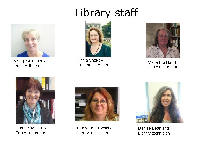 Library staff Maggie Arundell teacher librarian Barbara Mc. Coll Teacher librarian Tania Sheko Teacher