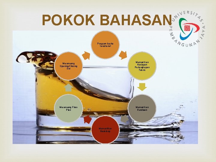POKOK BAHASAN Program berita teresterial Merancang Opening/Closing Set Memastikan Kesiapan Perlengkapan Teknis Merancang Floor POKOK BAHASAN Program berita teresterial Merancang Opening/Closing Set Memastikan Kesiapan Perlengkapan Teknis Merancang Floor