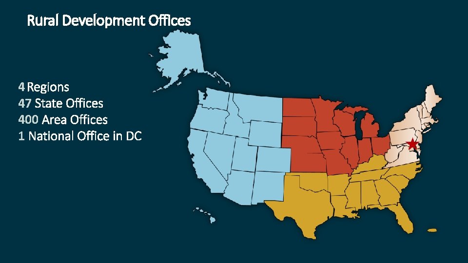 Rural Development Offices 4 Regions 47 State Offices 400 Area Offices 1 National Office