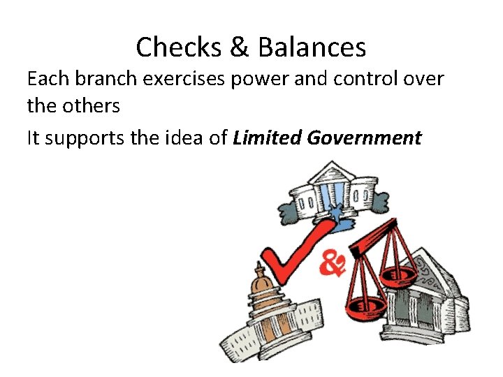 Checks & Balances Each branch exercises power and control over the others It supports