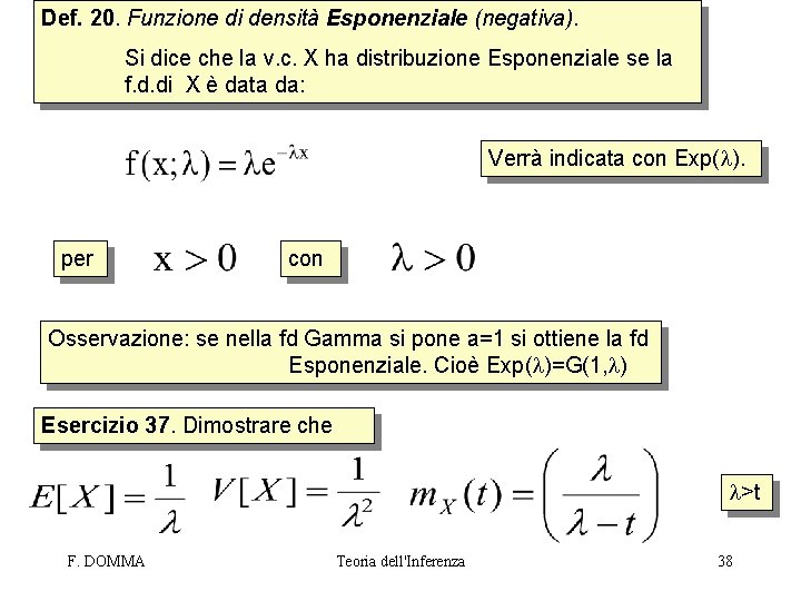 Def. 20. Funzione di densità Esponenziale (negativa). Si dice che la v. c. X