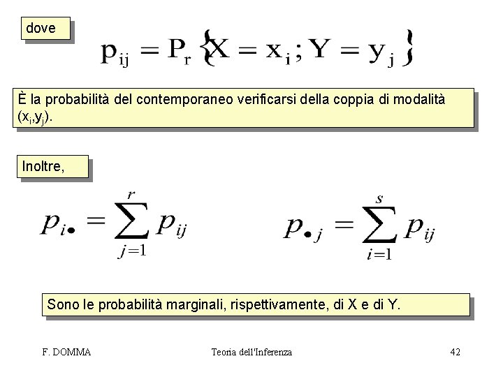 dove È la probabilità del contemporaneo verificarsi della coppia di modalità (xi, yj). Inoltre,