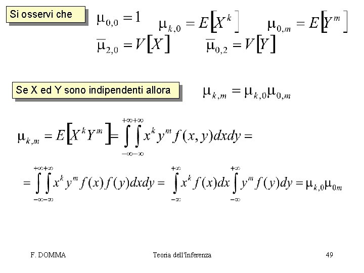 Si osservi che Se X ed Y sono indipendenti allora F. DOMMA Teoria dell'Inferenza