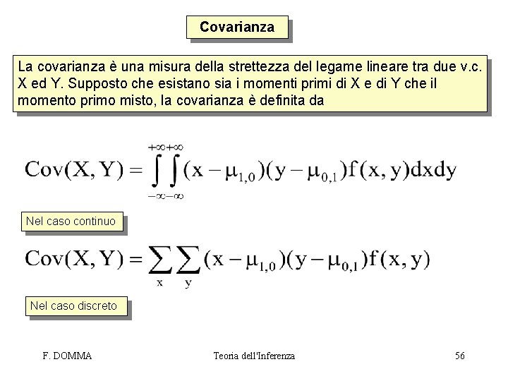 Covarianza La covarianza è una misura della strettezza del legame lineare tra due v.