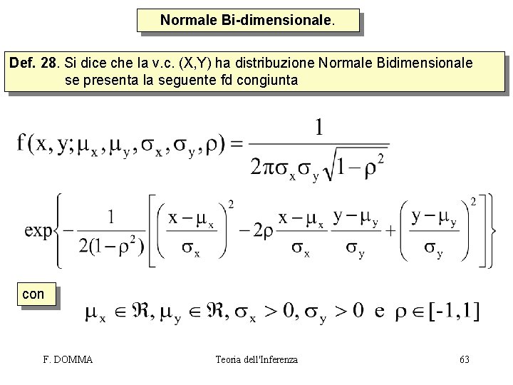 Normale Bi-dimensionale. Def. 28. Si dice che la v. c. (X, Y) ha distribuzione