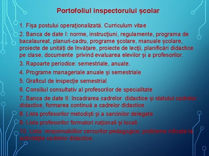 Portofoliul inspectorului școlar 1. Fişa postului operaţionalizată. Curriculum vitae 2. Banca de date I: Portofoliul inspectorului școlar 1. Fişa postului operaţionalizată. Curriculum vitae 2. Banca de date I: