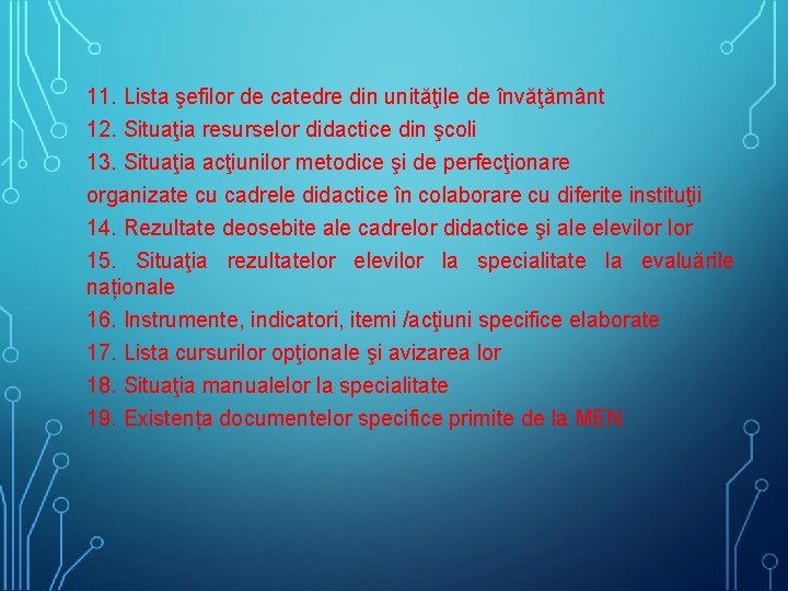 11. Lista şefilor de catedre din unităţile de învăţământ 12. Situaţia resurselor didactice din 11. Lista şefilor de catedre din unităţile de învăţământ 12. Situaţia resurselor didactice din