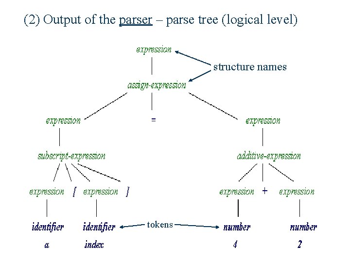 (2) Output of the parser – parse tree (logical level) structure names tokens 29 (2) Output of the parser – parse tree (logical level) structure names tokens 29