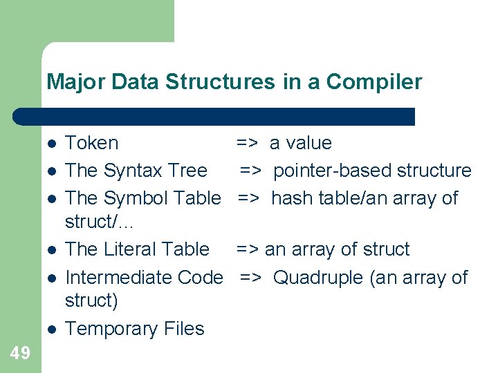 Major Data Structures in a Compiler l l l 49 Token The Syntax Tree Major Data Structures in a Compiler l l l 49 Token The Syntax Tree