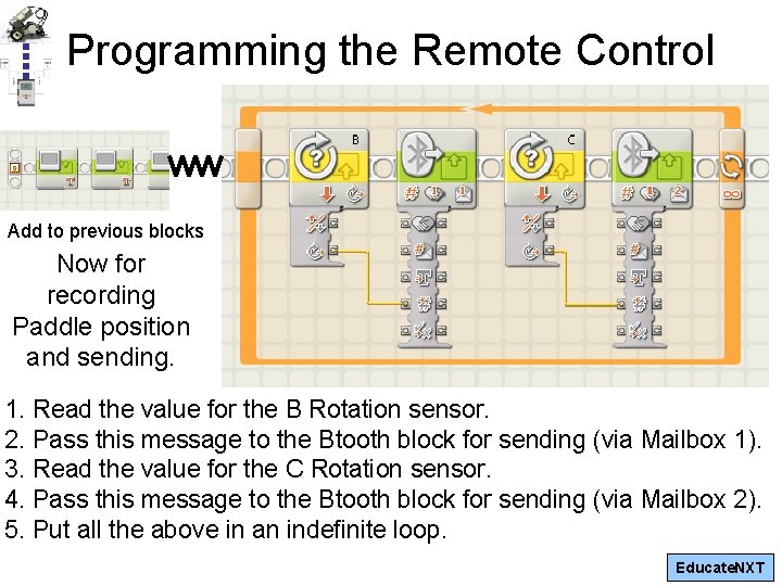 Programming the Remote Control Add to previous blocks Now for recording Paddle position and