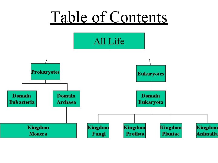 Table of Contents All Life Prokaryotes Domain Eubacteria Kingdom Monera Eukaryotes Domain Archaea Domain