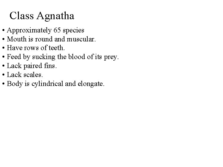 Class Agnatha • Approximately 65 species • Mouth is round and muscular. • Have