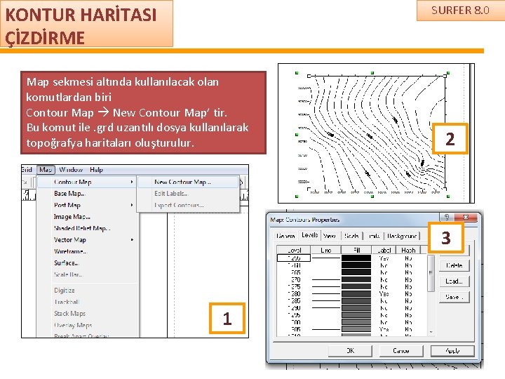 KONTUR HARİTASI ÇİZDİRME SURFER 8. 0 Map sekmesi altında kullanılacak olan komutlardan biri Contour