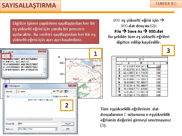 SAYISALLAŞTIRMA SURFER 8. 0 Digitize işlemi yapılırken sayıllaştırılan her bir eş yükselti eğrisi için