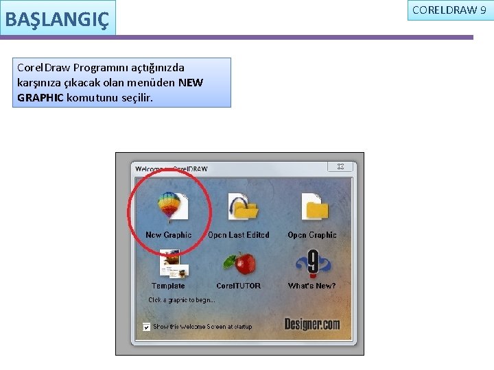 BAŞLANGIÇ Corel. Draw Programını açtığınızda karşınıza çıkacak olan menüden NEW GRAPHIC komutunu seçilir. CORELDRAW