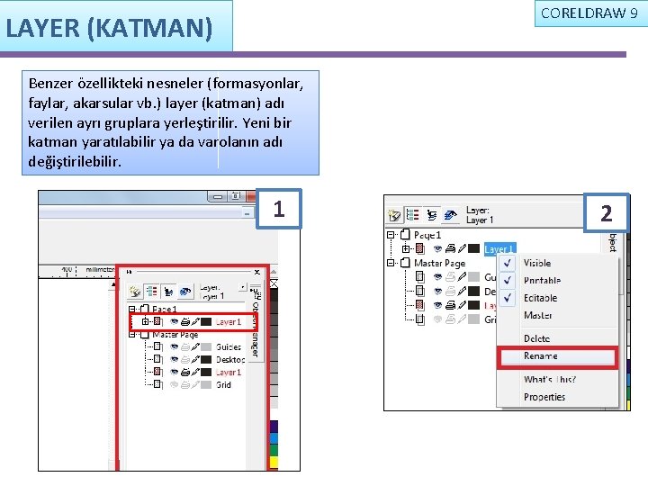 CORELDRAW 9 LAYER (KATMAN) Benzer özellikteki nesneler (formasyonlar, faylar, akarsular vb. ) layer (katman)