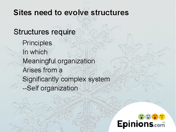 Sites need to evolve structures Structures require Principles In which Meaningful organization Arises from