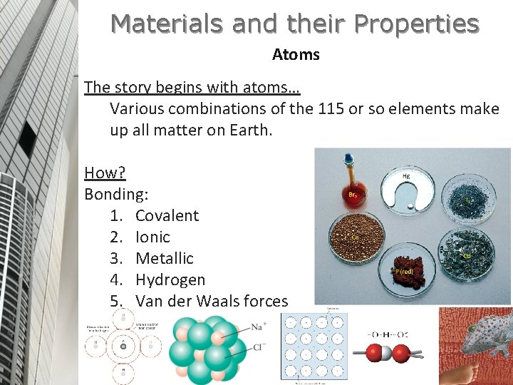 Materials and their Properties Atoms The story begins with atoms… Various combinations of the