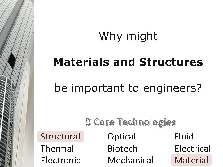 Why might Materials and Structures be important to engineers? 9 Core Technologies Structural Thermal