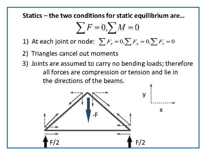 Statics – the two conditions for static equilibrium are… 1) At each joint or