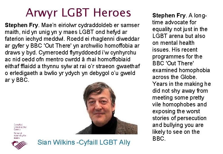Arwyr LGBT Heroes Stephen Fry. Mae’n eiriolwr cydraddoldeb er samser maith, nid yn unig