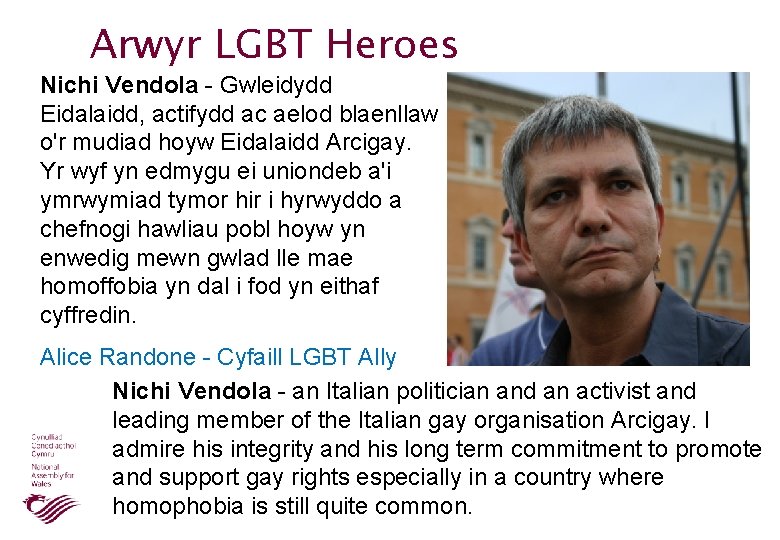 Arwyr LGBT Heroes Nichi Vendola - Gwleidydd Eidalaidd, actifydd ac aelod blaenllaw o'r mudiad