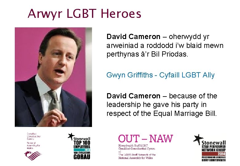 Arwyr LGBT Heroes David Cameron – oherwydd yr arweiniad a roddodd i’w blaid mewn