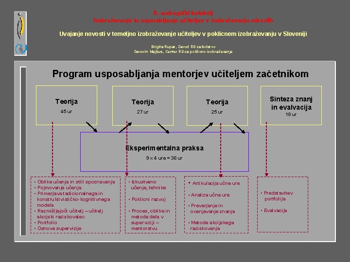 8. andragoški kolokvij Izobraževanje in usposabljanje učiteljev v izobraževanju odraslih Uvajanje novosti v temeljno