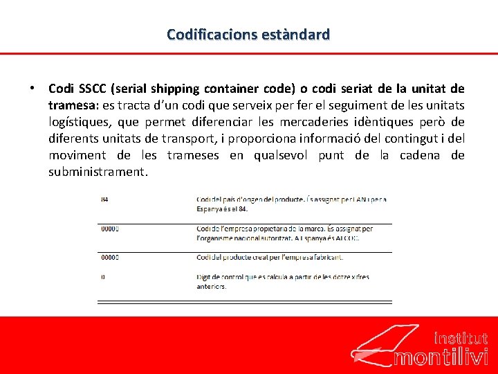 Codificacions estàndard • Codi SSCC (serial shipping container code) o codi seriat de la