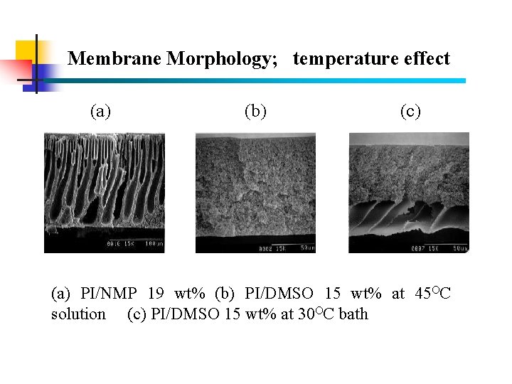 Membrane Morphology; temperature effect (a) (b) (c) (a) PI/NMP 19 wt% (b) PI/DMSO 15
