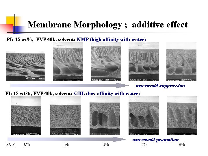 Membrane Morphology ; additive effect PI: 15 wt%, PVP 40 k, solvent: NMP (high